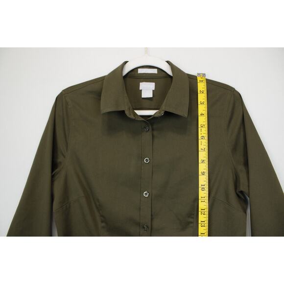 Chico's No Iron Chic Stretch Button Front Top Women 4 Long Sleeve Collared Olive - Picture 6 of 14